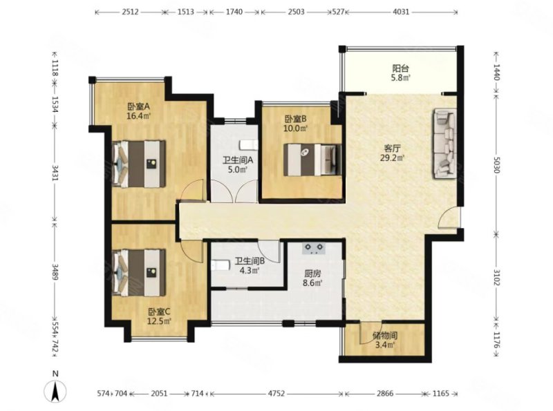 瀚城国际3室2厅2卫116.65㎡南北78万
