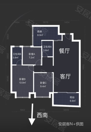 权兴花园3室2厅2卫102.57㎡西南245万