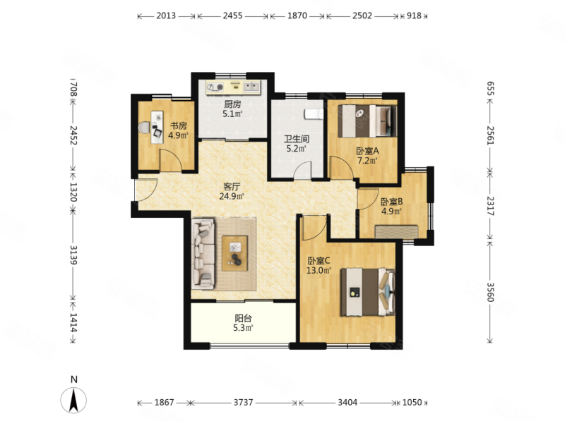 东方帕堤欧(公寓住宅)4室2厅1卫89.89㎡南北380万