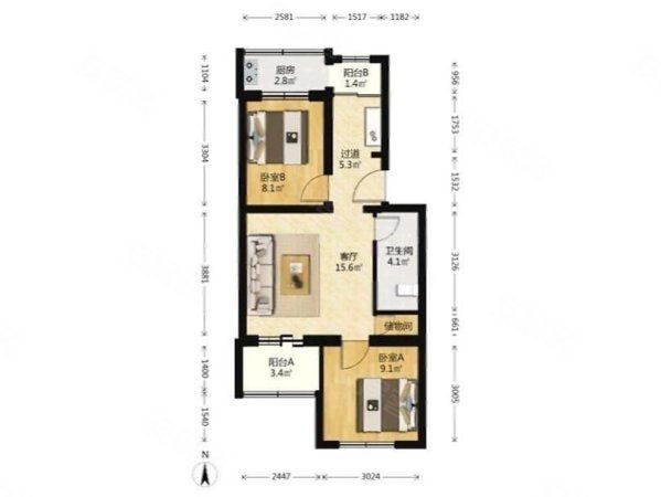 工疗宿舍2室1厅1卫63.64㎡南北252万