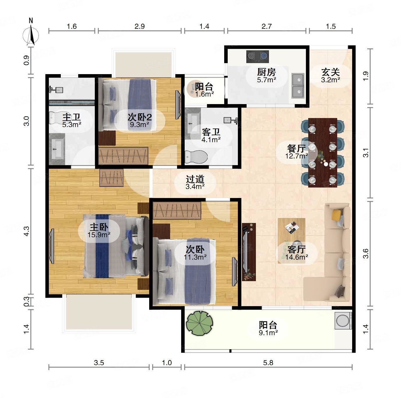 汉阳滨江 性价比很高 精装交付 一天未住,龙湖春江彼岸二手房,205万,3