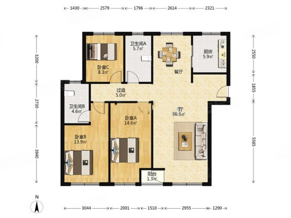 远洋荣域3室2厅2卫130.62㎡南北239万