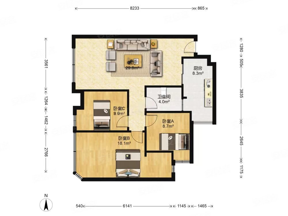 合能璞丽3室1厅1卫79.25㎡南北240万