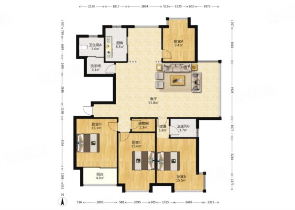 怡海家园4室2厅2卫163㎡南北182万