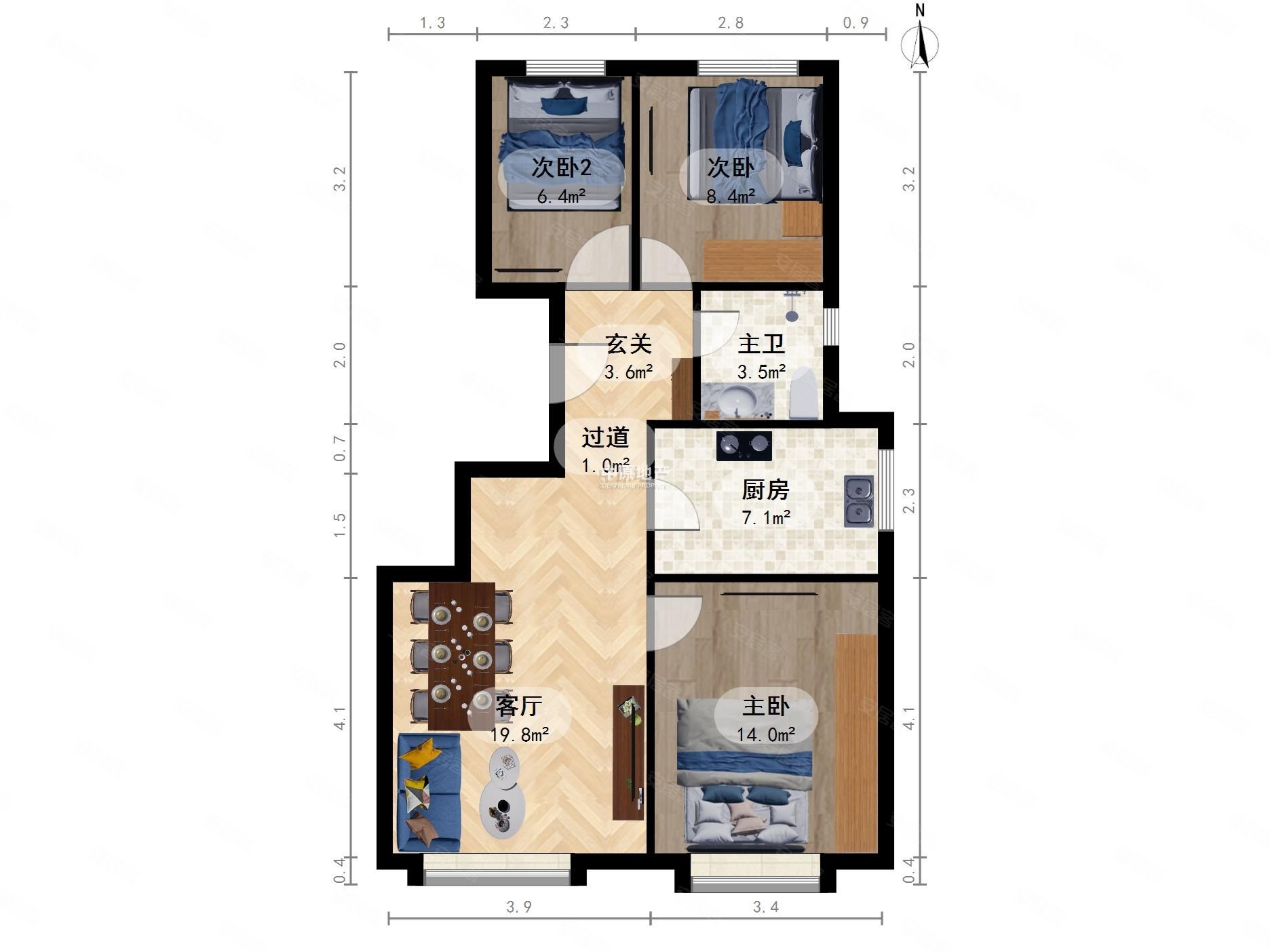 润景家园3室1厅1卫89㎡南北142万