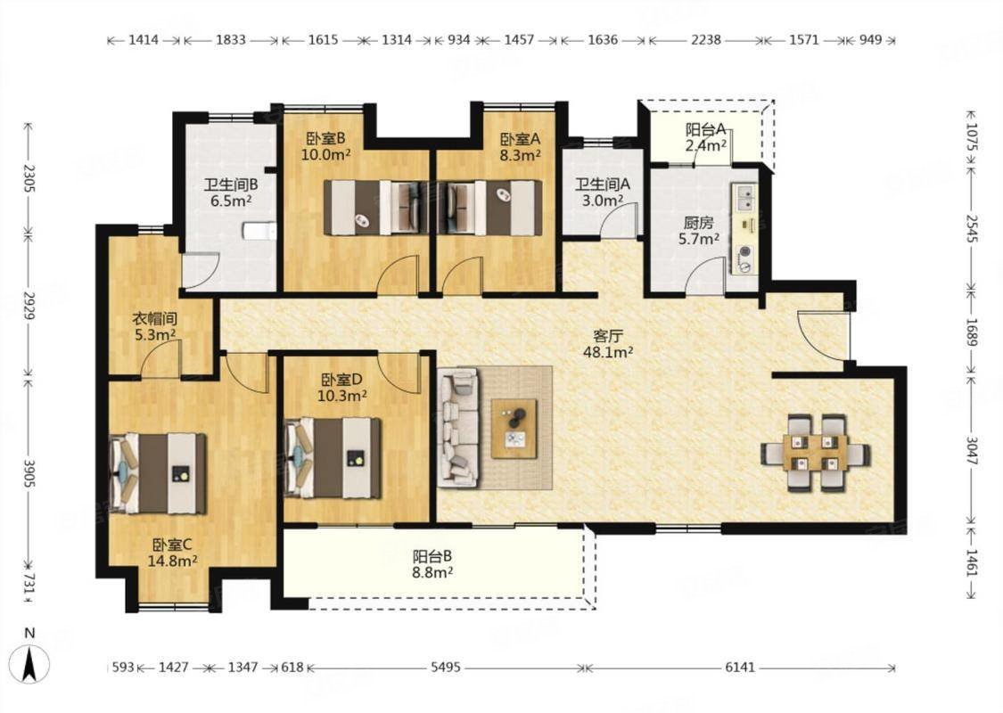 汇悦天地三期大横厅4房全房精装带暖气与中央空调没住过人
