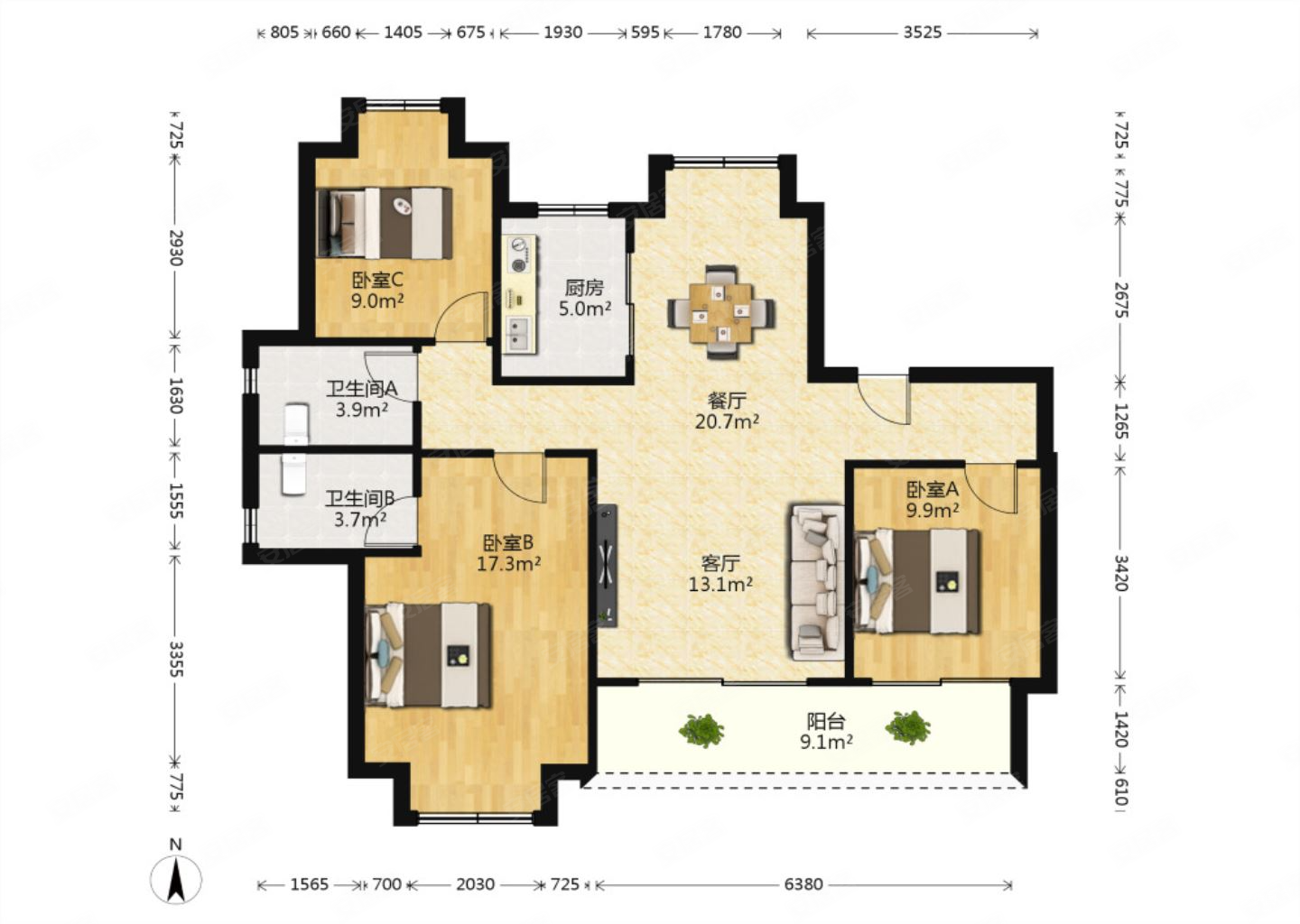 珑府124平南北通透电梯房3室2厅看房方便有钥匙