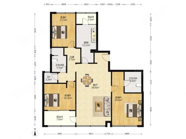裕沁庭(东区)3室2厅3卫187.66㎡南北446万
