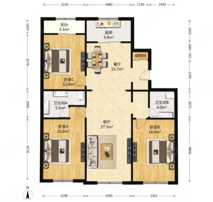 万科物业租售部 西华府南北通透三居 双卧客厅朝南 高层采光好