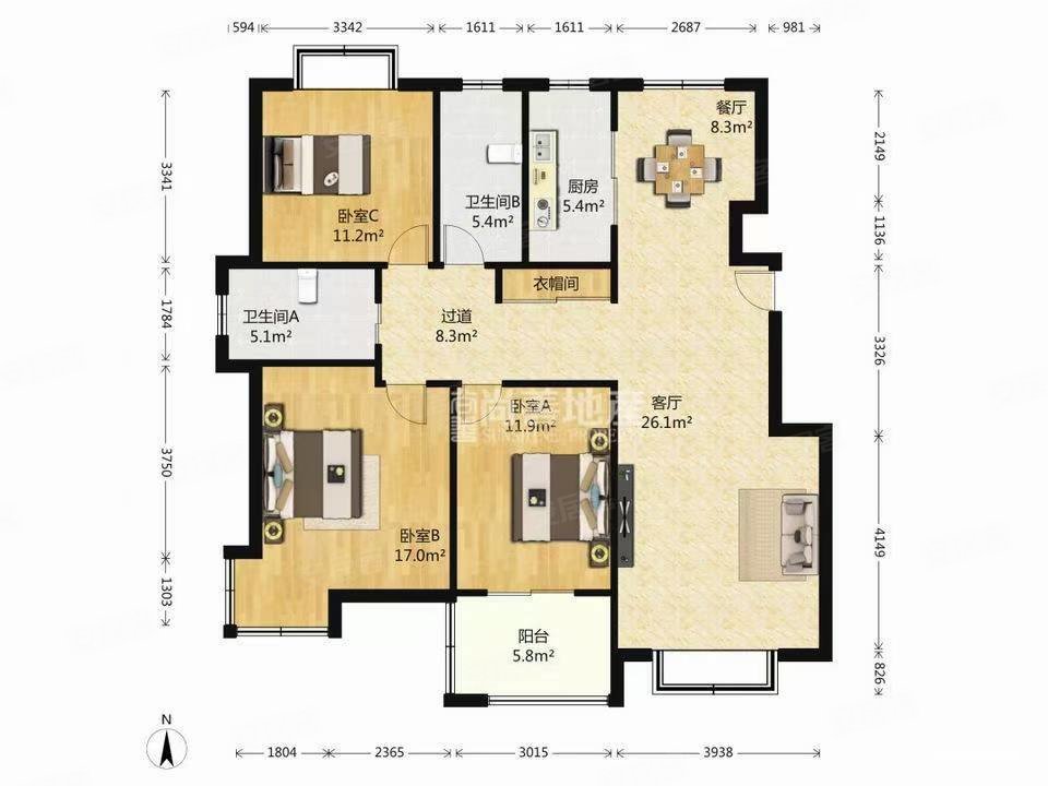 怡心苑3室2厅2卫138.75㎡南北615万