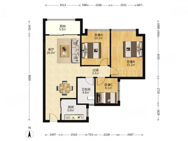 亚运城租房,亚运城天峯 3室2厅1卫 精装修 电梯房 89平,番禺租房-广州