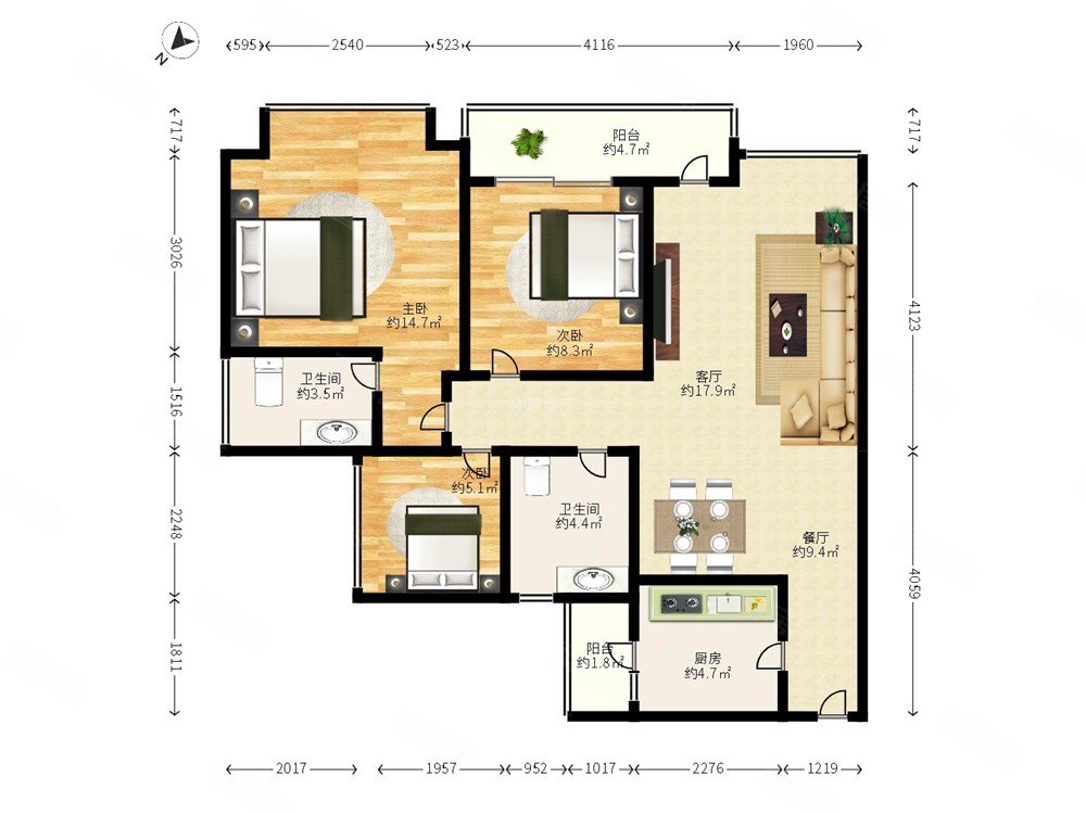 港铁天颂3室2厅2卫88.91㎡南北0万