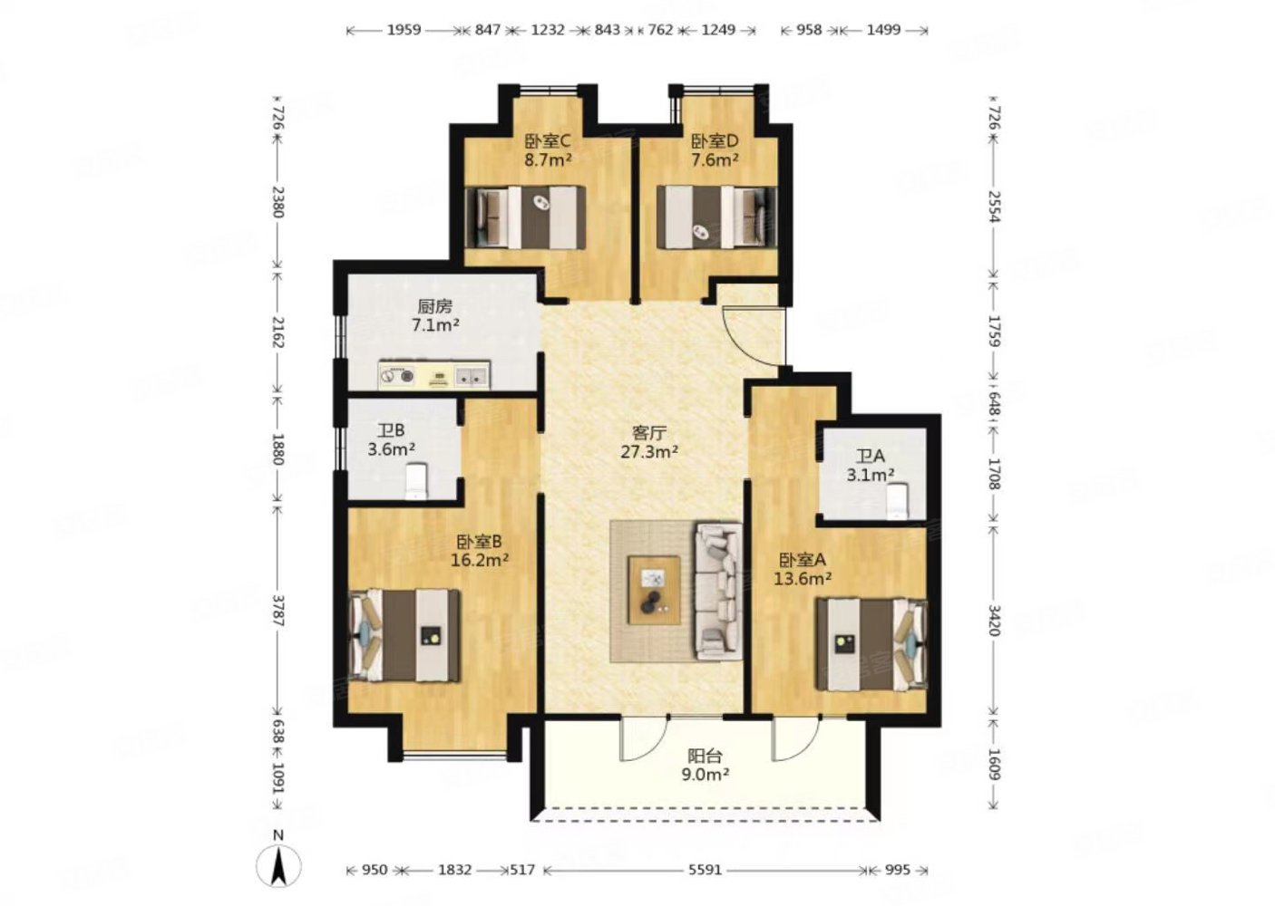 江东花园毛坯三房2厅2卫户型方正采光充足