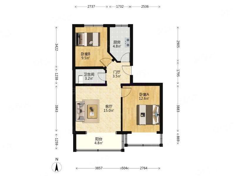 北街家园(六区)2室1厅1卫67.89㎡南北325万