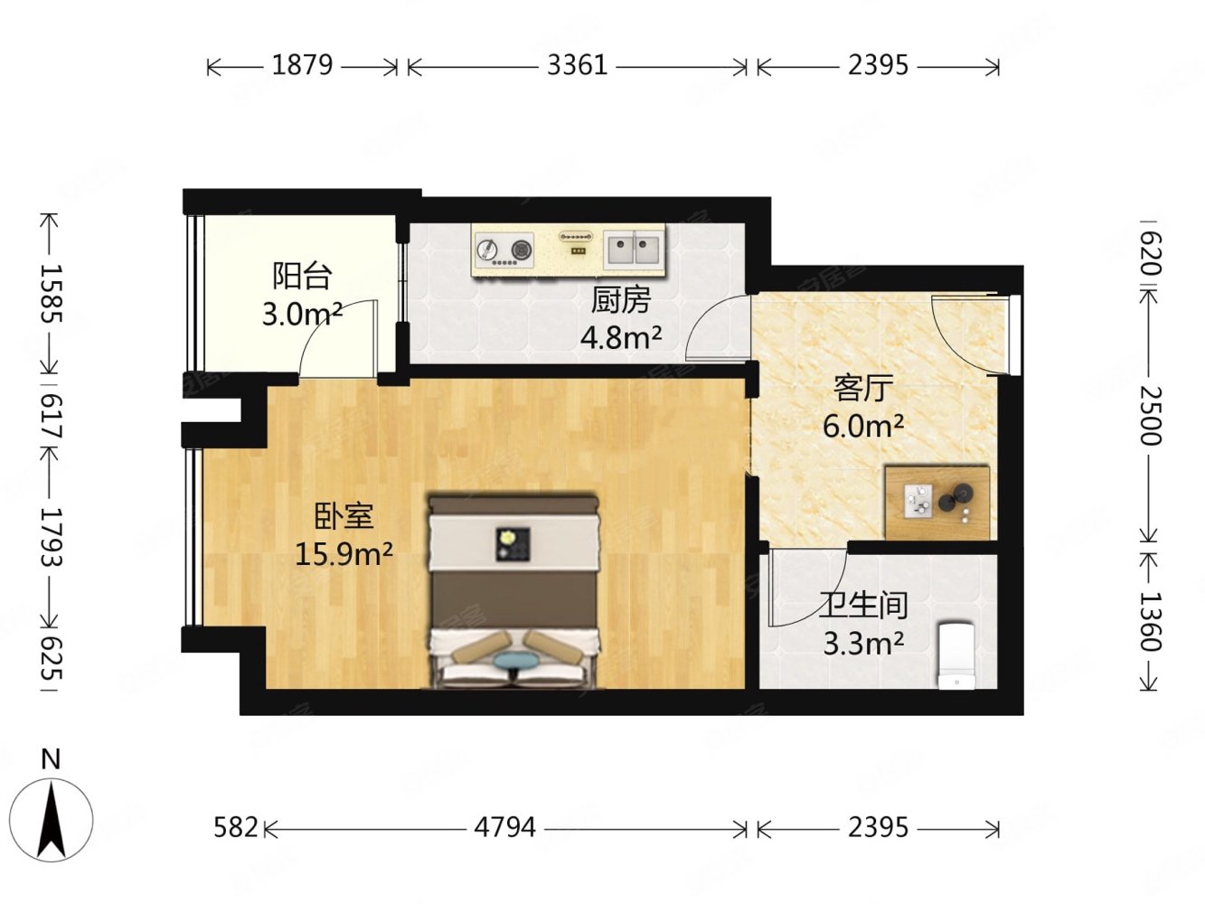信泰公寓1室2厅1卫44.46㎡南北79万
