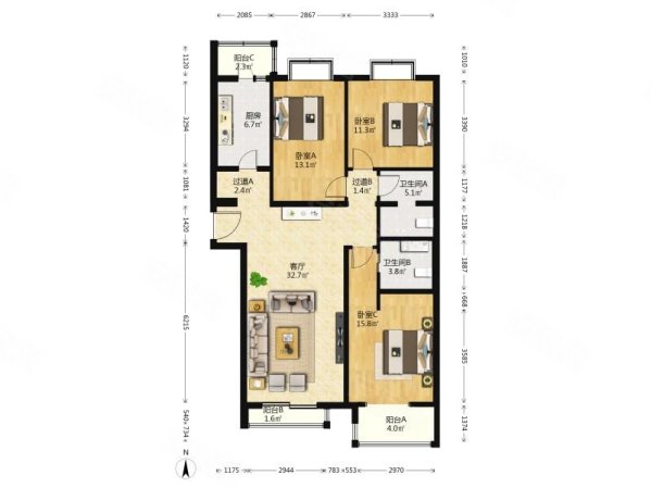 美域家园南区3室2厅2卫138㎡南北798万