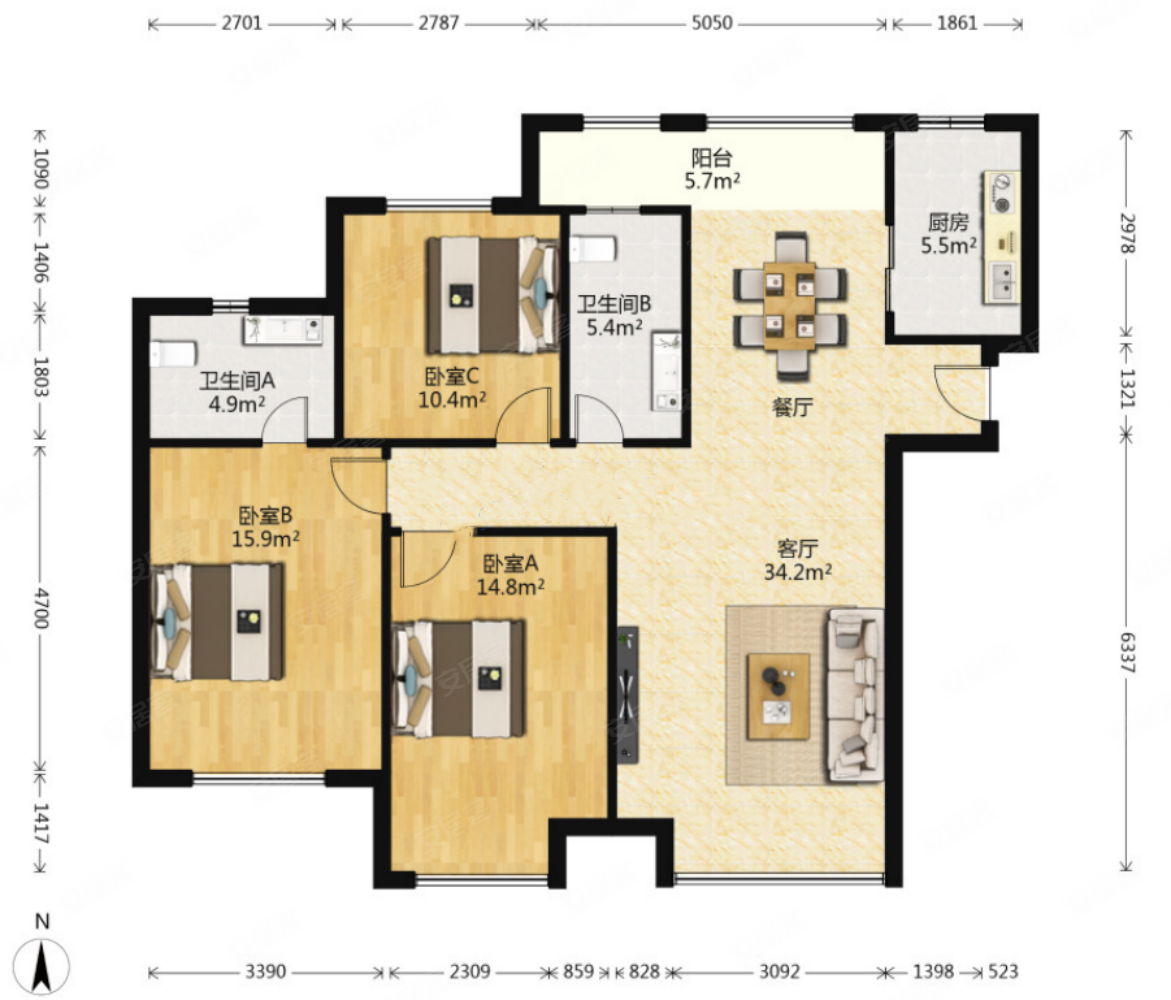绿地与湖3室2厅2卫132.55㎡南北187万