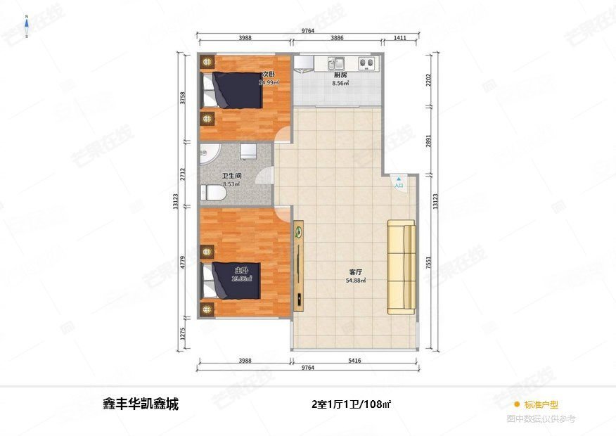 鑫丰华凯鑫城2室1厅1卫108㎡南北120万