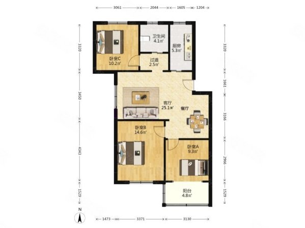 红旗四街坊3室2厅1卫94.42㎡南北279万