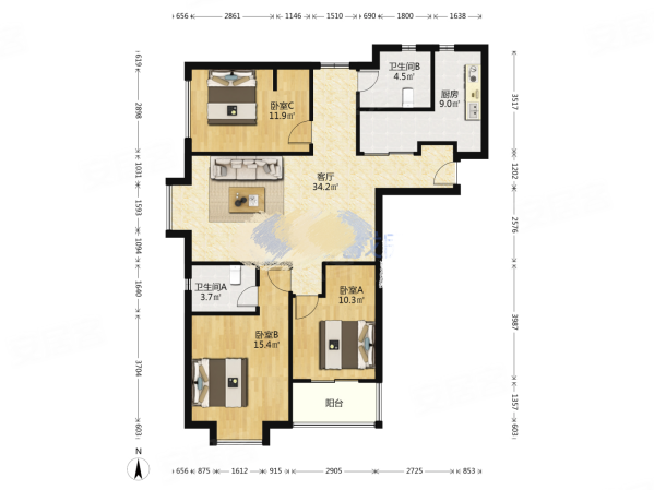 华府庄园3室2厅2卫111.52㎡南228万