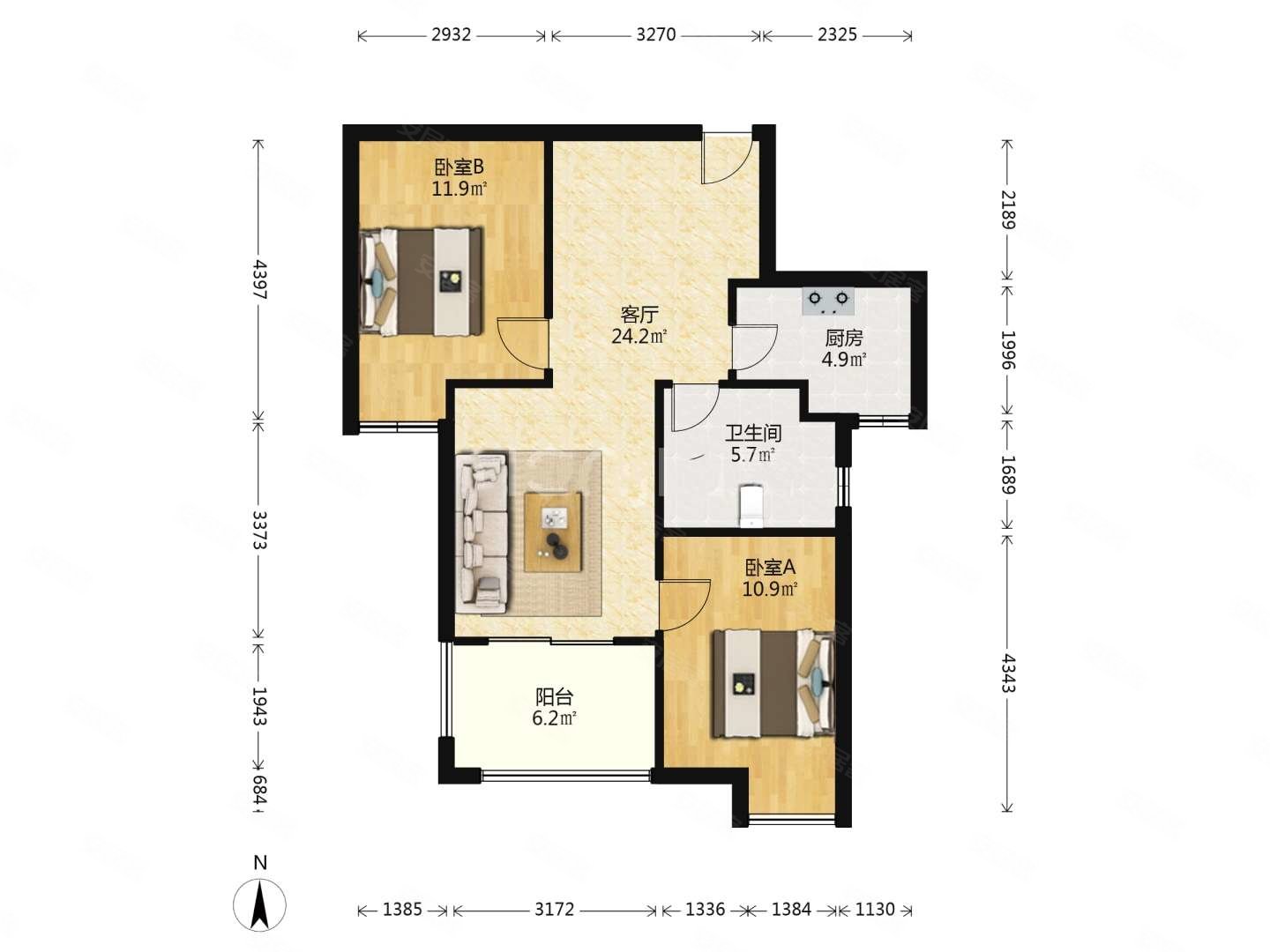 上品花园2室2厅1卫76.35㎡南115万
