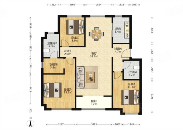 融创天朗蘭园3室2厅2卫130.56㎡南北239万