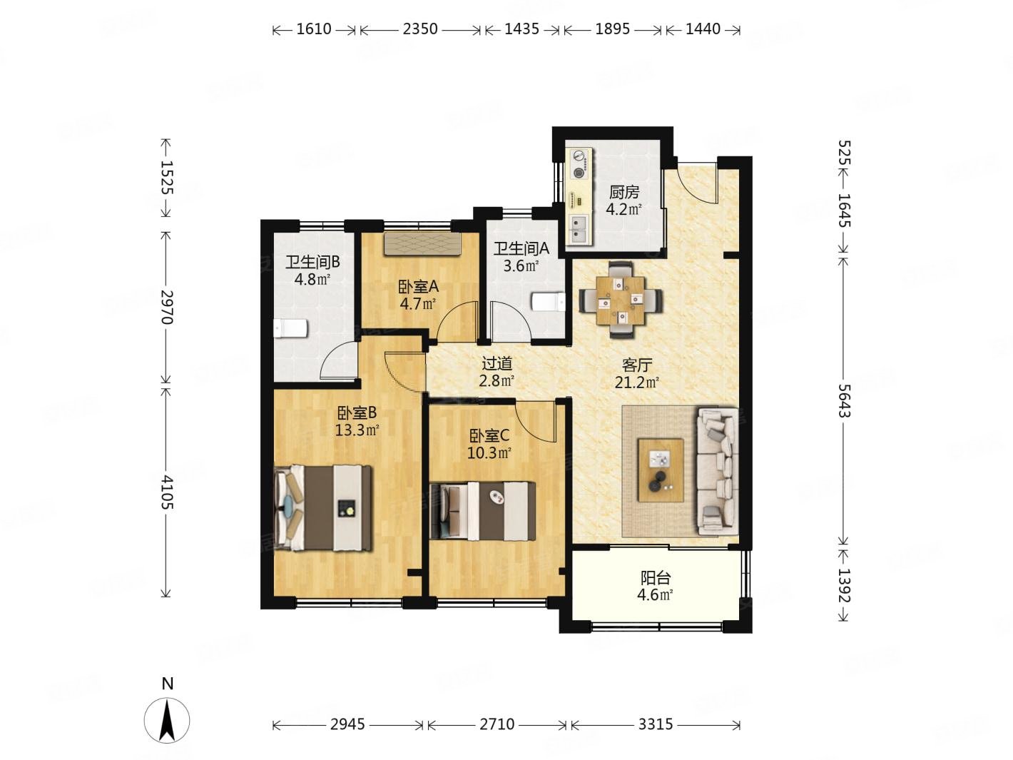 三房两厅两卫一厨户型方正近地铁口七彩小镇步行街