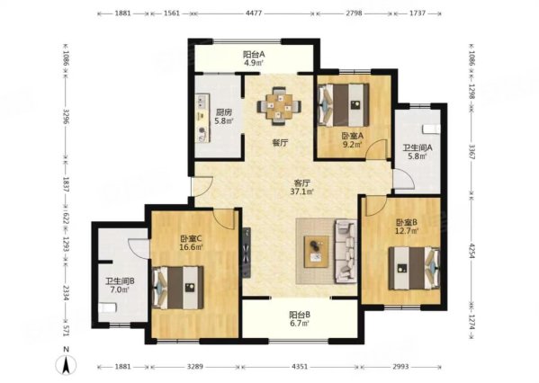 保亿风景御园3室2厅2卫150.29㎡南北320万