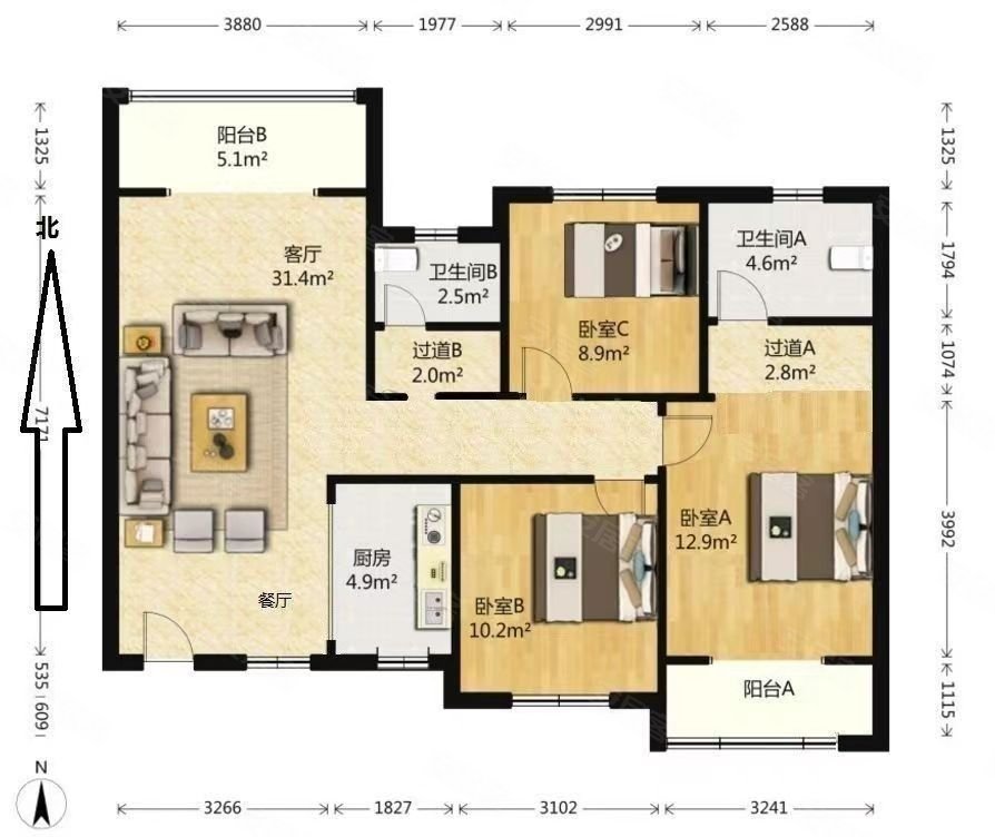 通透户型 出行房方便 采光好 诚心卖,东胜紫御府二手房,169万,3室2厅