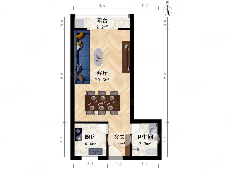 蜂鸟家园1室1厅1卫49.12㎡北600万