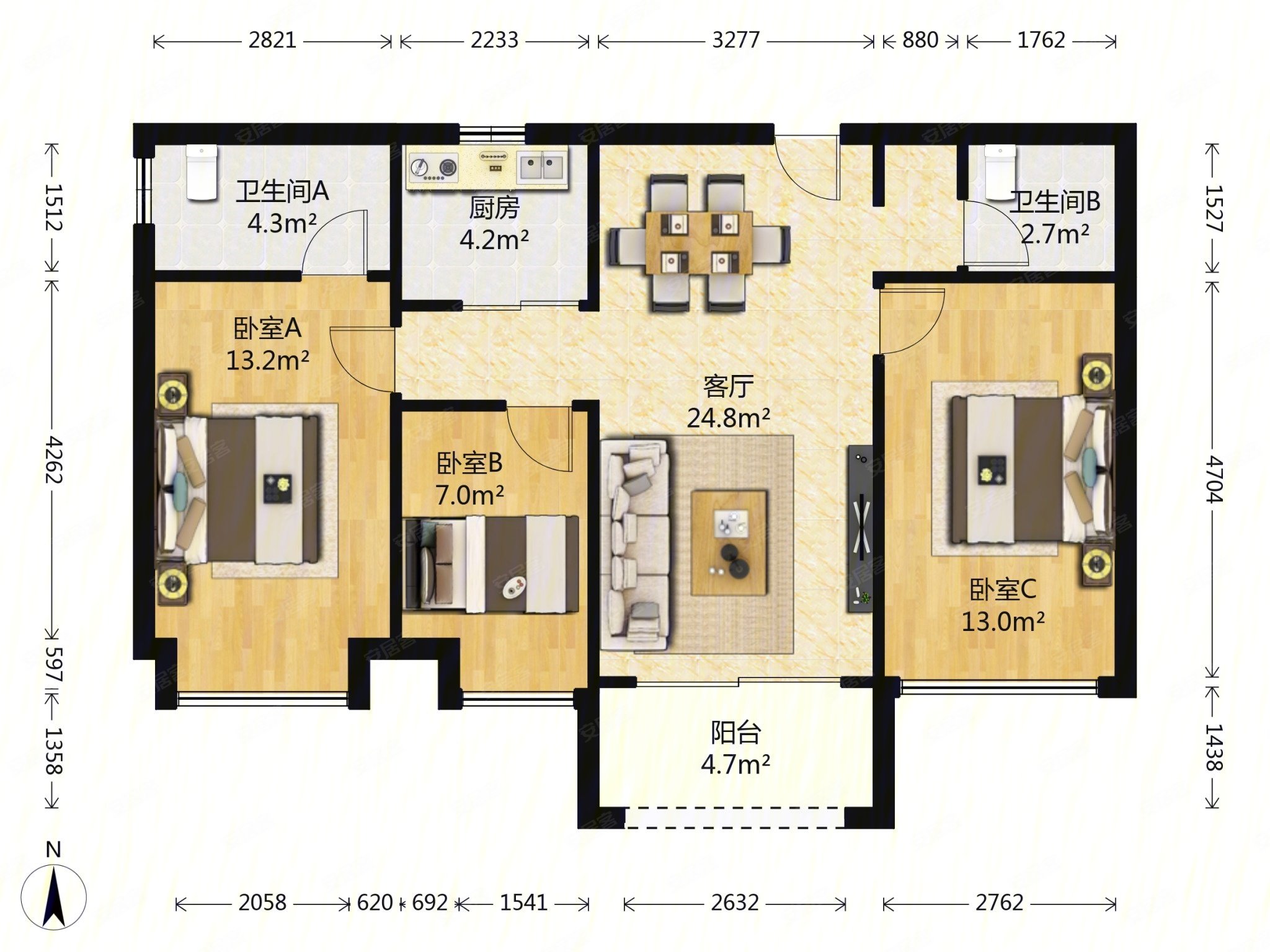 中航城国际社区(c区东区)3室2厅2卫102.94㎡西南384万