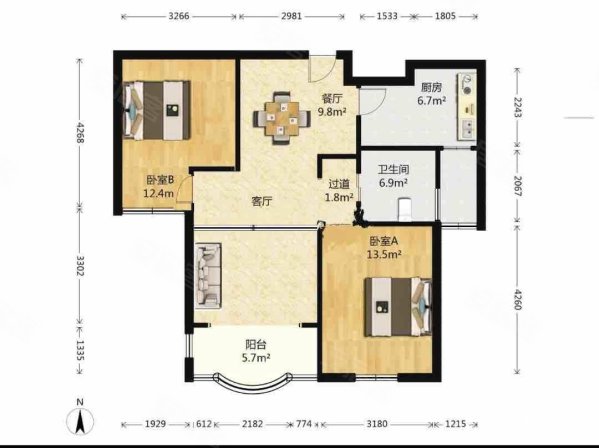 东方帕堤欧(公寓住宅)2室2厅1卫87.66㎡南北335万