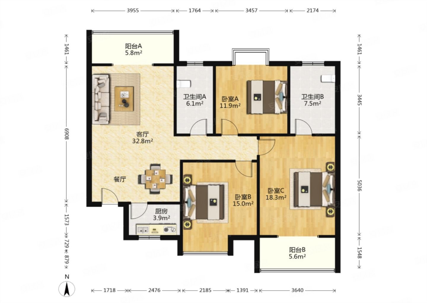 旭景兴园3室2厅2卫142.8㎡南北156万