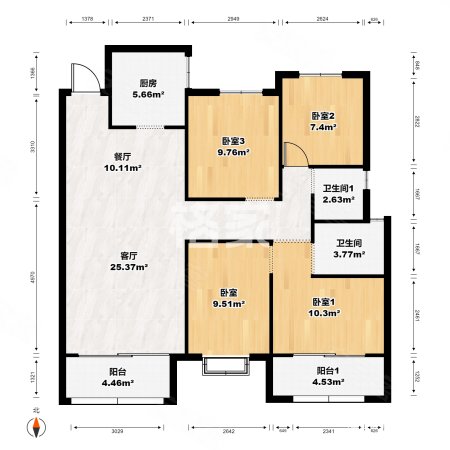 中梁江城16214室2厅2卫121㎡南北120万