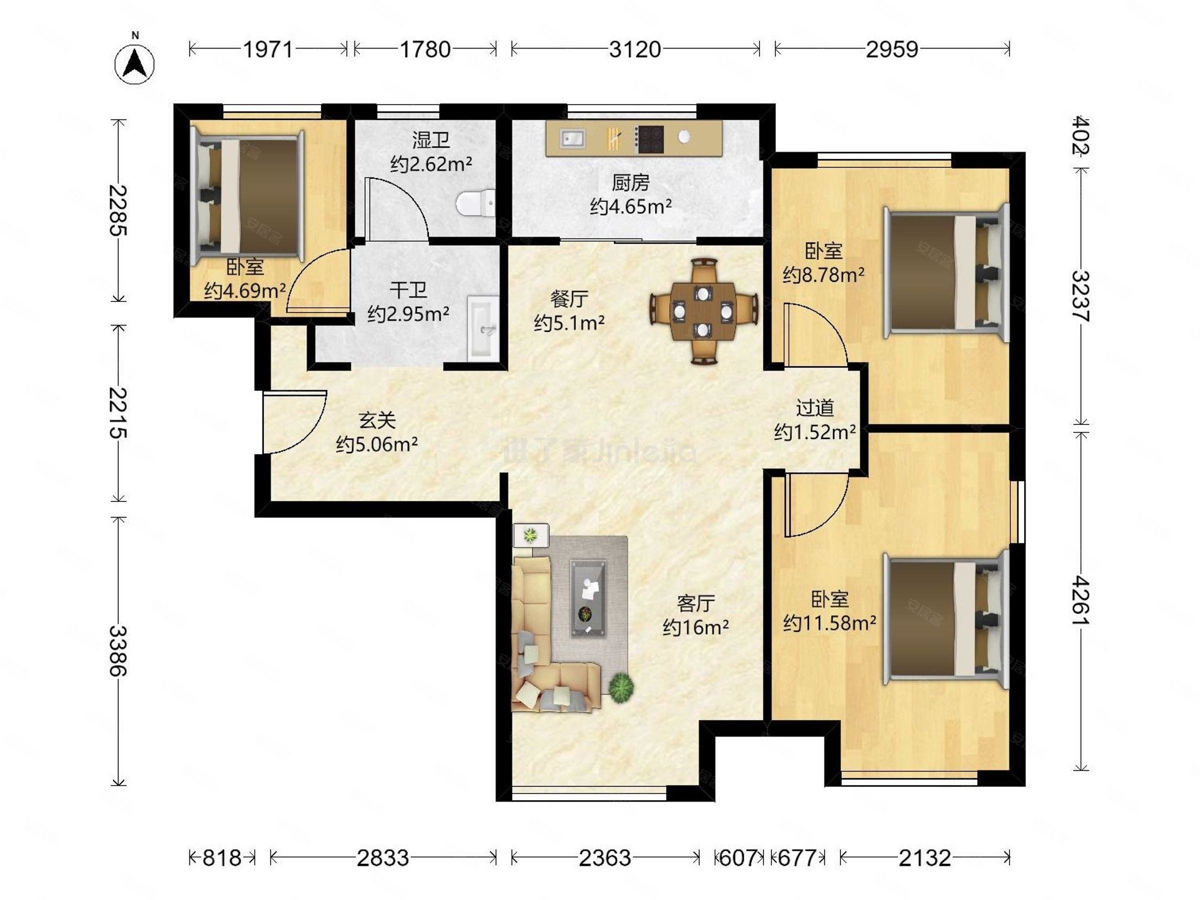 金侨新梅江壹号3室2厅1卫104.29㎡南北336万