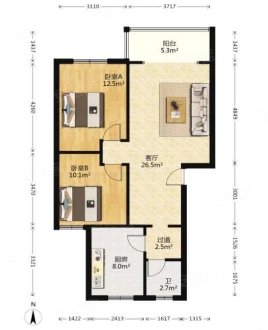 中房平景苑住宅东区2室2厅1卫85.88㎡南北106万