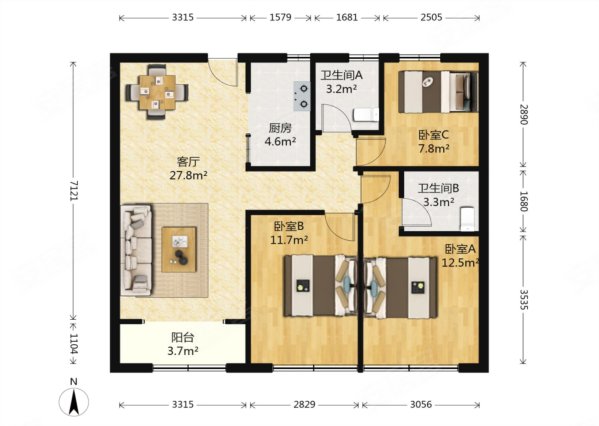 润景园著3室2厅2卫113.08㎡南北155万