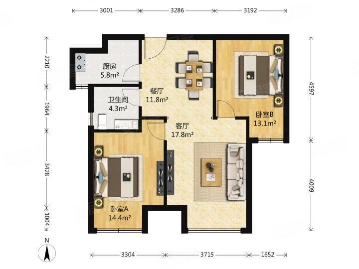 龙山华府2室2厅1卫83.28㎡南315万