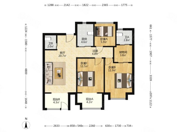 宋都香悦郡3室2厅2卫88.31㎡南北245万