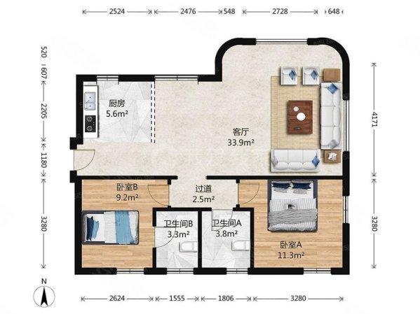 三全公寓2室1厅2卫127.27㎡东南998万