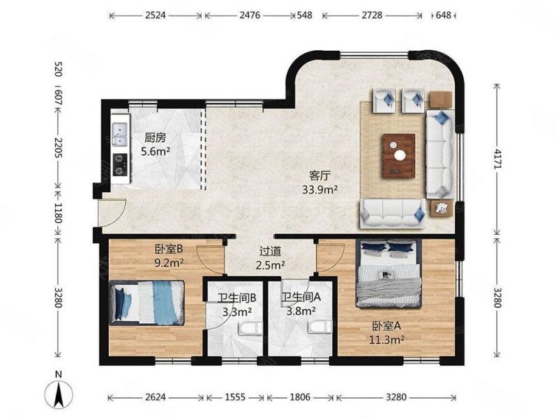 三全公寓2室1厅2卫127.27㎡东南998万