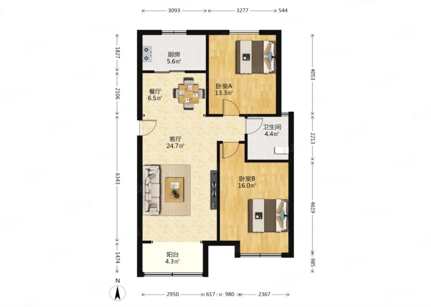 国赫红珊湾2室2厅1卫