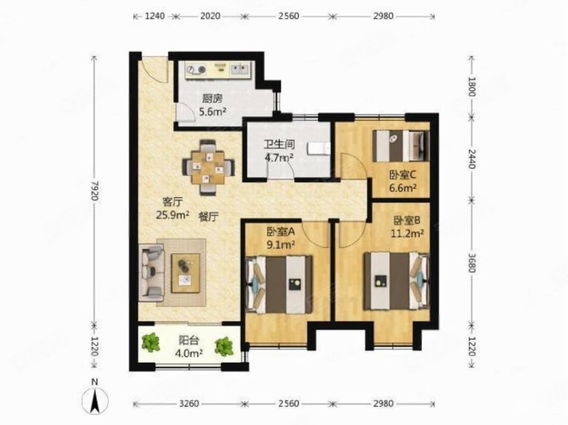 香江花园3室2厅1卫80㎡南北115万