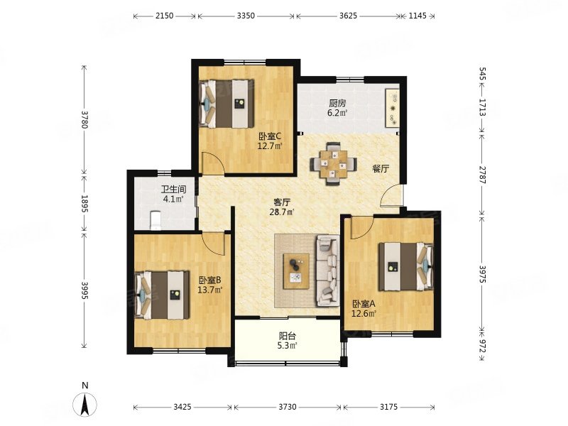 新德佳苑3室2厅1卫99.65㎡南北380万