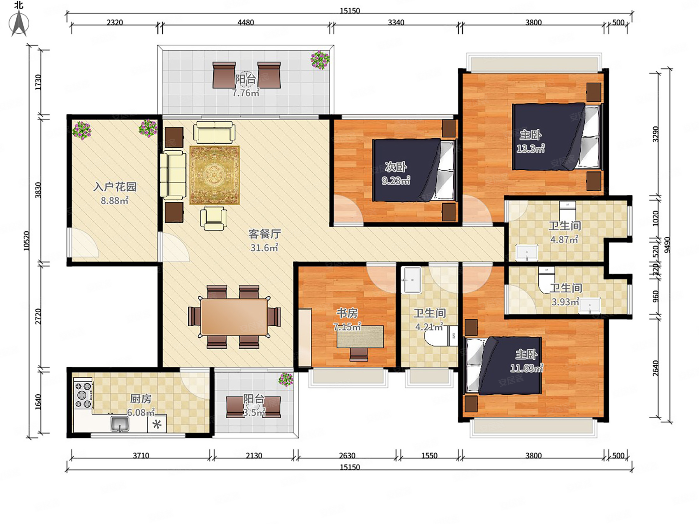 东江学府三期157平大户型南北通透看花园通风采光好