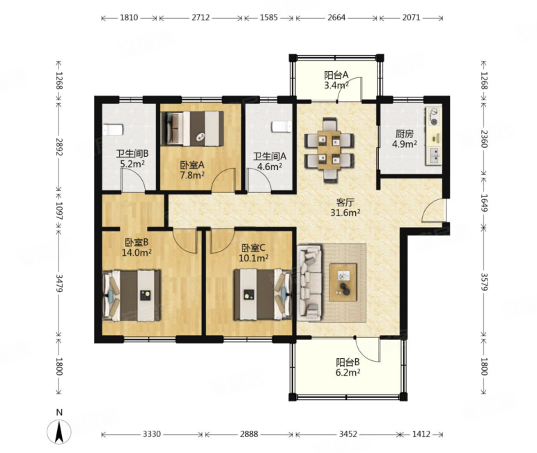 保利朗诗蔚蓝3室2厅2卫116.06㎡南350万
