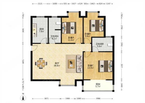 融侨馨苑(东区)3室2厅2卫127.17㎡南北210万