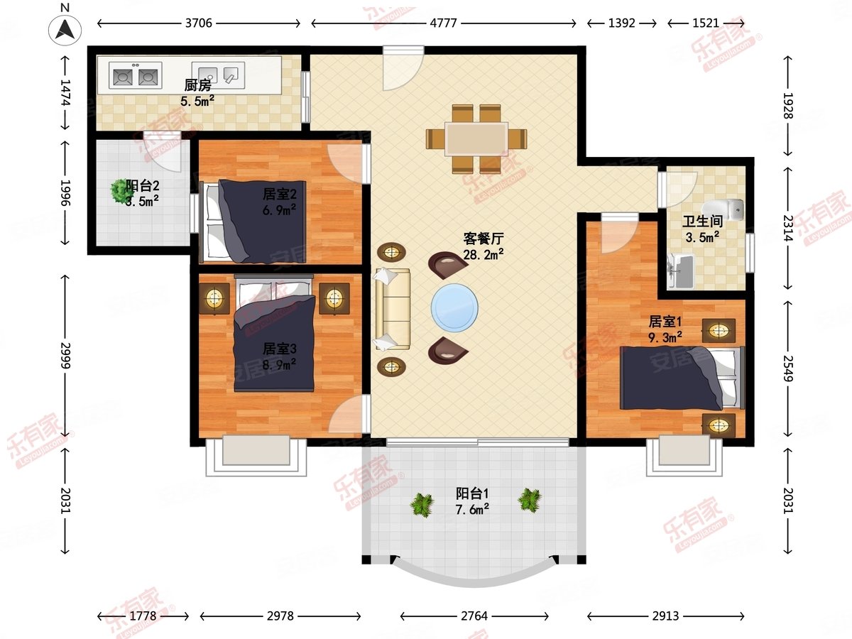 尚东尚筑3室2厅2卫124.77㎡南399万