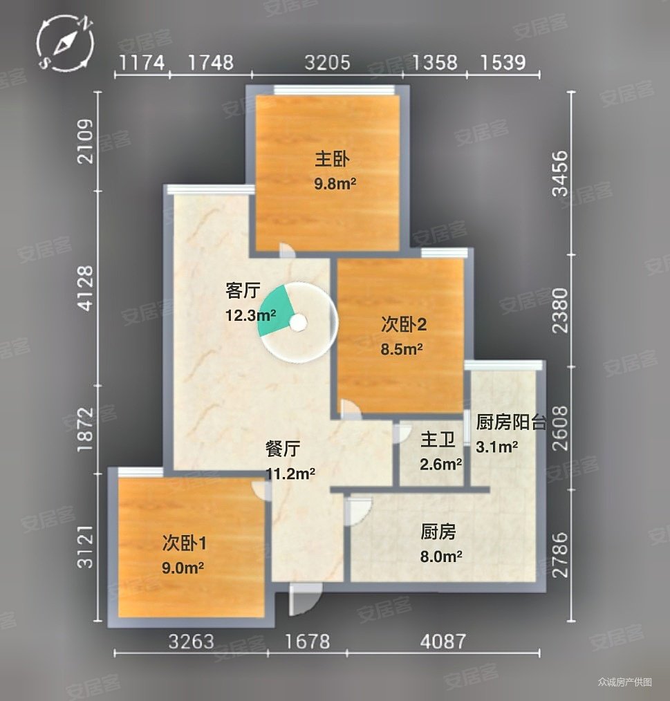 汇融广场B区3室2厅1卫75㎡南北97万