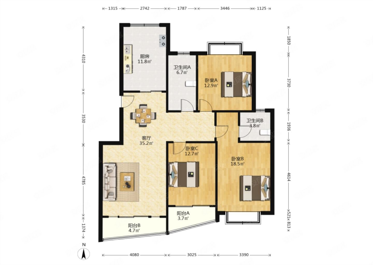 碧海云天3室2厅2卫132.8㎡南北140万